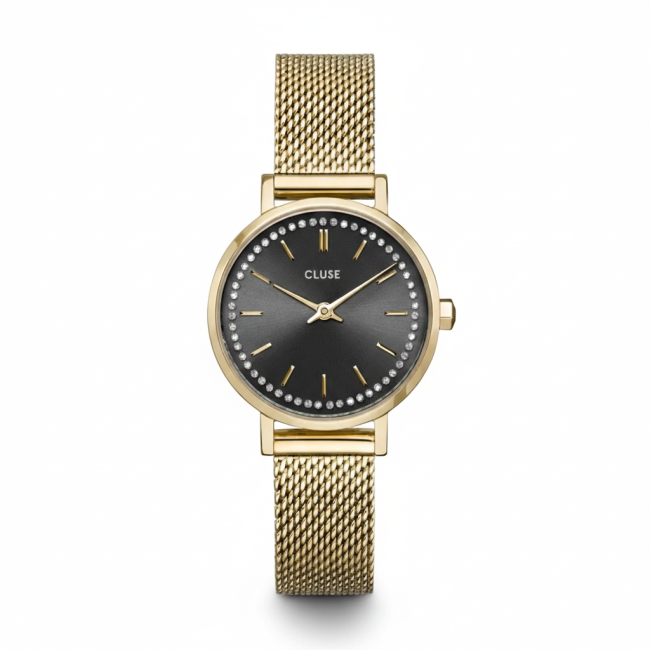 CLUSE - Montre bohème chic à petites mailles et cristaux, grise et dorée
